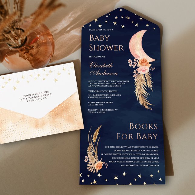 Earthy Floral Crescent Moon Navy Blue Baby Shower All In One Invitation (Creator Uploaded)