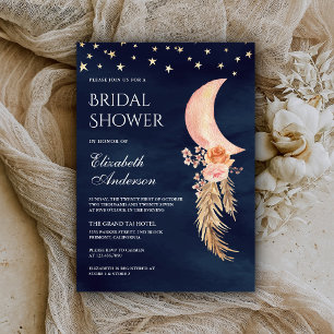 Earthy Floral Crescent Moon Navy Bridal Shower Invitation