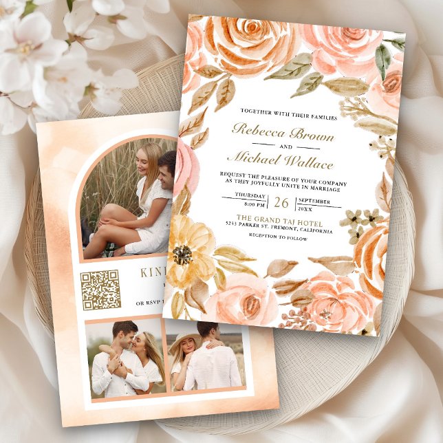 Earthy Floral Fall Autumn Photo QR Code Wedding Invitation (Creator Uploaded)