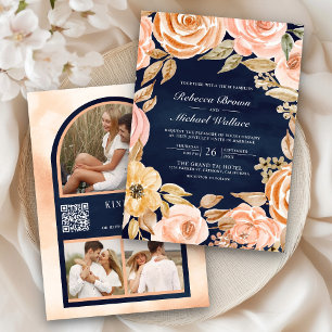 Earthy Floral Fall Autumn QR Code Navy Wedding Invitation