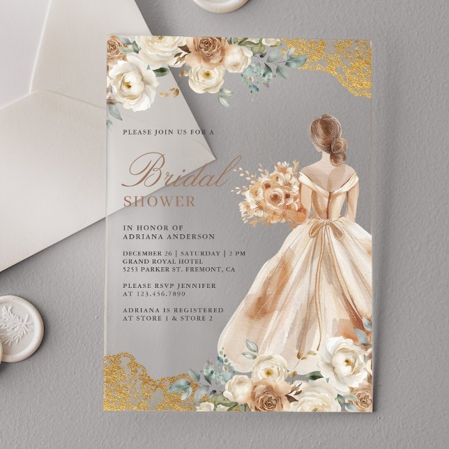 Earthy Floral Gold Lace Gown Dress Bridal Shower Acrylic Invitations (Creator Uploaded)