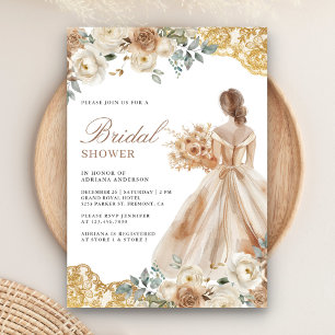 Earthy Floral Gold Lace Gown Dress Bridal Shower Invitation