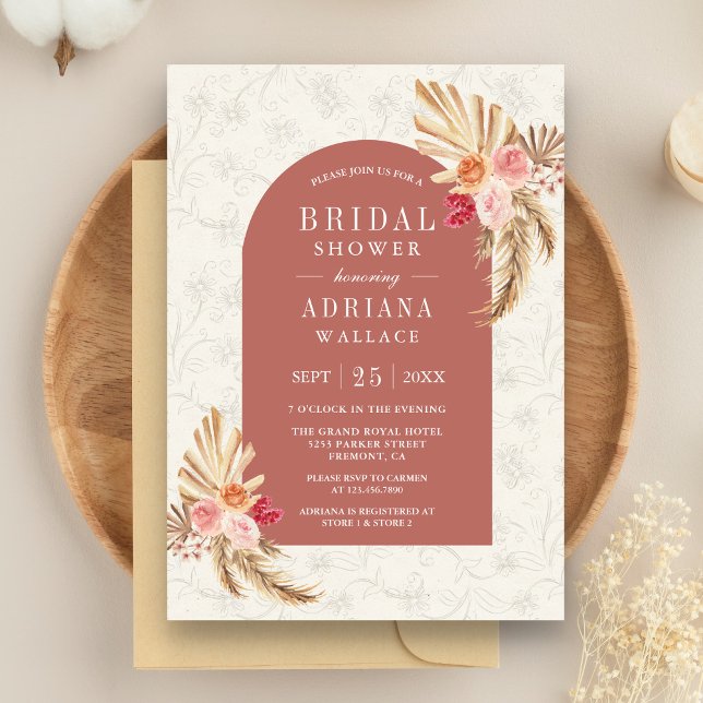 Earthy Floral Pampas Cinnamon Rose Bridal Shower Invitation (Creator Uploaded)