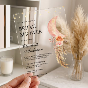 Earthy Floral Pampas Crescent Moon Bridal Shower Acrylic Invitations