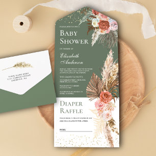 Earthy Floral Pampas Grass Sage Green Baby Shower All In One Invitation