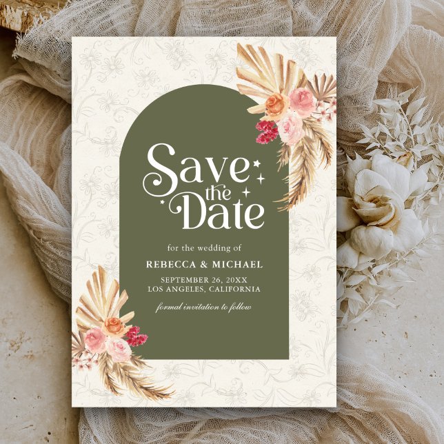 Earthy Floral Pampas Sage Green Wedding Save The Date (Creator Uploaded)