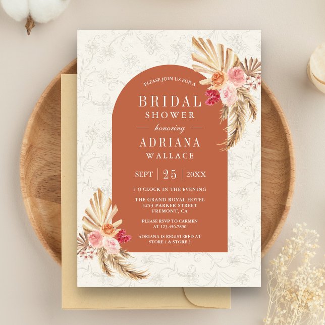 Earthy Floral Pampas Terracotta Bridal Shower Invitation (Creator Uploaded)