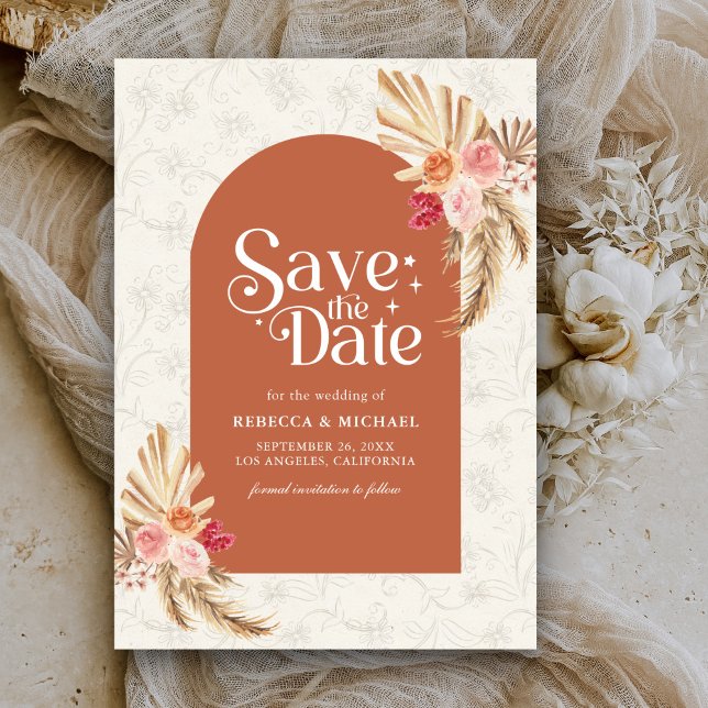 Earthy Floral Pampas Terracotta Wedding Save The Date (Creator Uploaded)