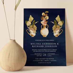 Earthy Floral Pots Dried Palm Navy Blue Wedding Invitation