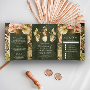Earthy Floral Pots Dried Palm Olive Green Wedding Tri-Fold Invitation