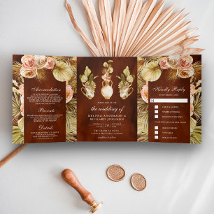 Earthy Floral Pots Dried Palm Terracotta Wedding Tri-Fold Invitation