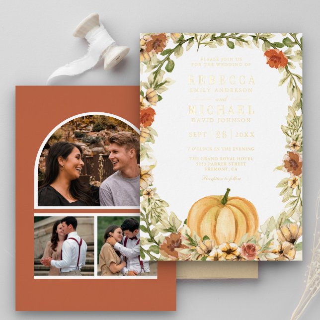 Earthy Floral Pumpkin Photo Collage Wedding Gold (Creator Uploaded)
