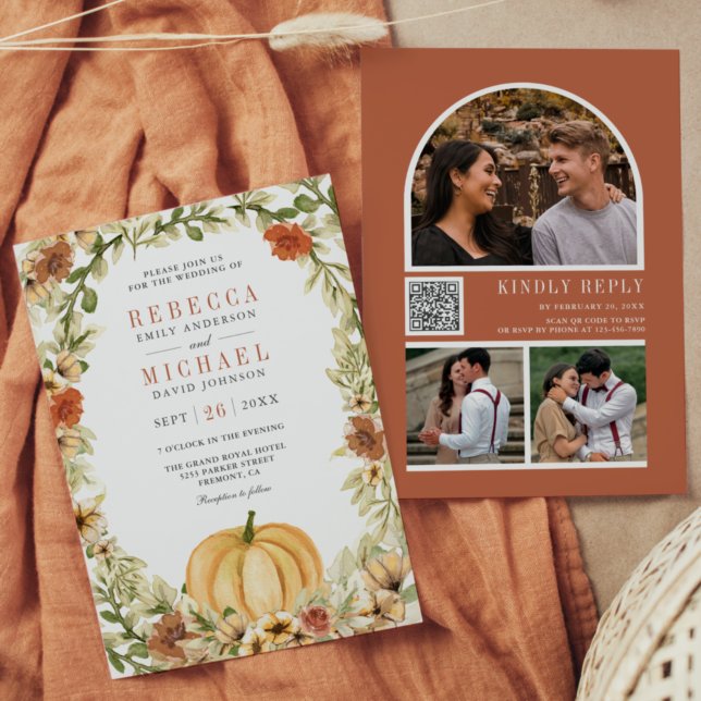 Earthy Floral Pumpkin Terracotta QR Code Wedding Invitation (Creator Uploaded)