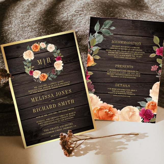 Earthy Floral Wreath All in One Barn Wood Wedding Invitation (Creator Uploaded)