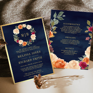 Earthy Floral Wreath All in One Navy Wedding Invitation