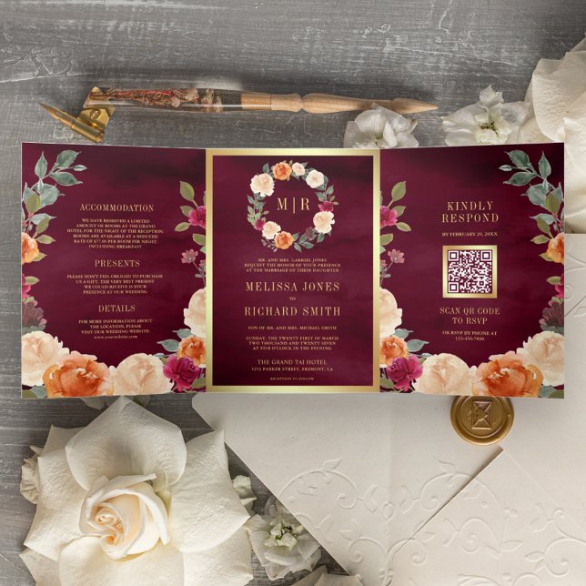 Earthy Floral Wreath QR Code Burgundy Wedding Tri-Fold Invitation (Creator Uploaded)