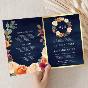 Earthy Floral Wreath QR Code Navy Blue Wedding Invitation
