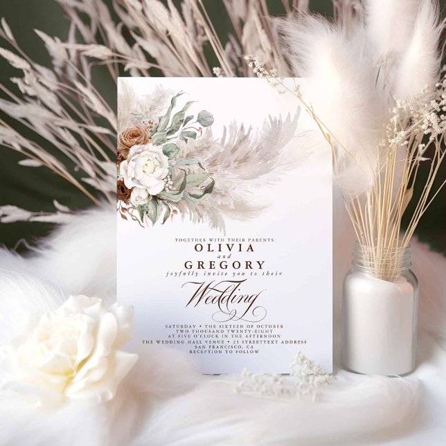 Earthy Flowers and Pampas Grass Bohemian Wedding Invitation (Boho Greenery Wedding Invitations)