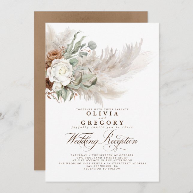 Earthy Flowers and Pampas Grass Wedding Reception Invitation (Front/Back)