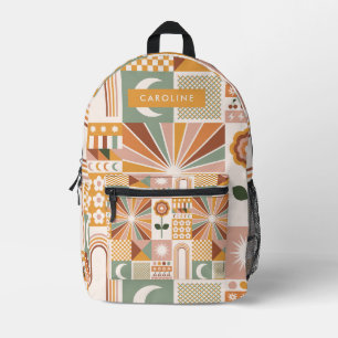 Earthy Geometric 70s Retro Personalised Name Printed Backpack