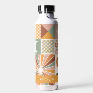 Earthy Geometric 70s Retro Personalised Name Water Bottle