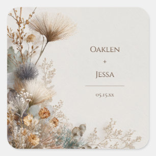 Earthy Gold Dried Botanical Fan Flower Wedding Square Sticker