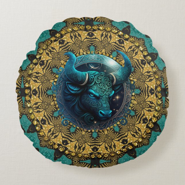 Earthy Gold Teal Tribal Taurus Zodiac Round Cushion (Front)