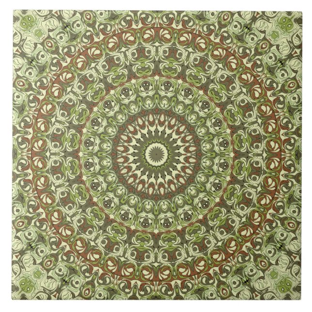 Earthy Green and Brown Mandala Pattern Design Ceramic Tile (Front)