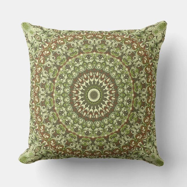 Earthy Green and Brown Mandala Pattern Design Cushion (Front)