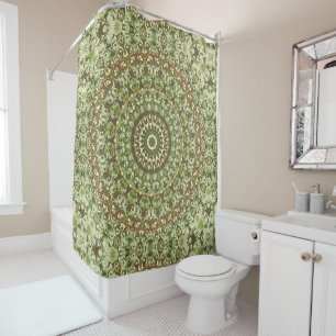 Earthy Green and Brown Mandala Pattern Design Shower Curtain