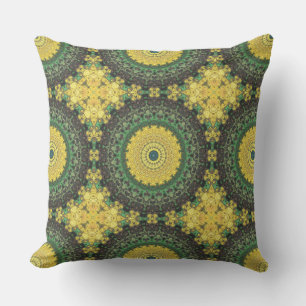 Earthy Green and Yellow Mandala Kaleidoscope Cushion