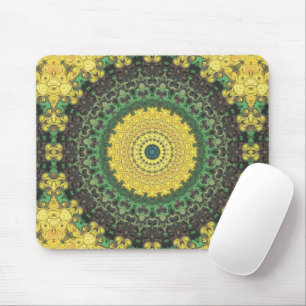 Earthy Green and Yellow Mandala Kaleidoscope Mouse Pad