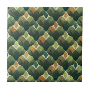 Earthy Green Art Deco Fan Pattern (1) Ceramic Tile