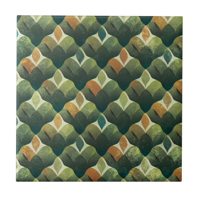 Earthy Green Art Deco Fan Pattern (1) Ceramic Tile (Front)