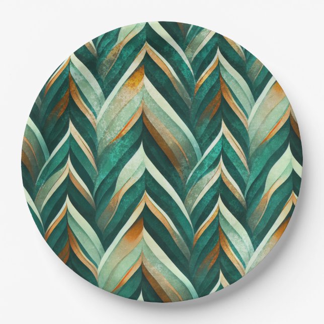 Earthy Green Art Deco Fan Pattern (4) Paper Plate (Front)