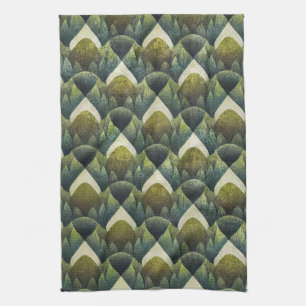 Earthy Green Art Deco Fan Pattern (5) Tea Towel