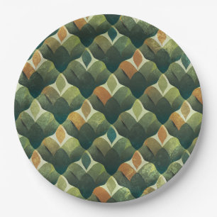 Earthy Green Art Deco Fan Pattern Paper Plate