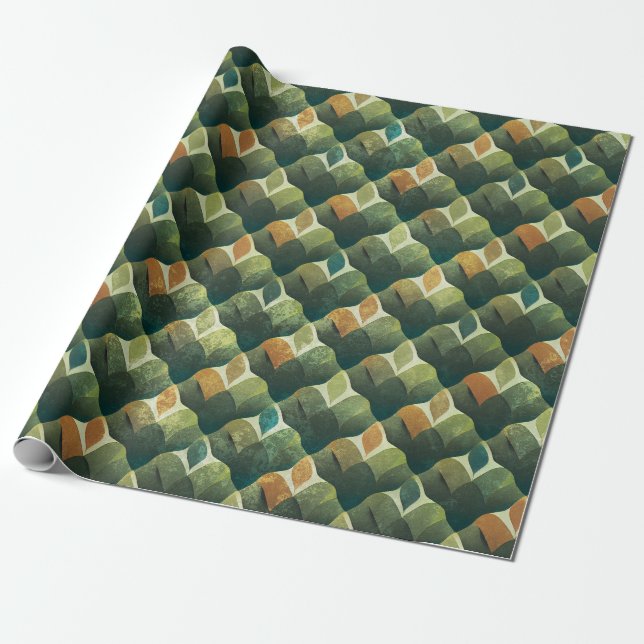 Earthy Green Art Deco Fan Pattern Wrapping Paper (Unrolled)