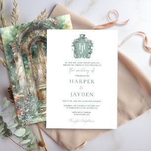 Earthy Green Blush Watercolor Monogram Wedding Invitation