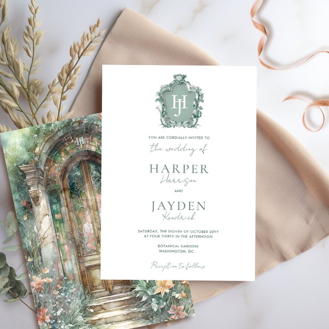 Earthy Green Blush Watercolor Monogram Wedding Invitation (Creator Uploaded)