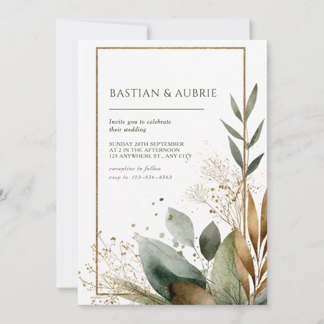 Earthy Green & Gold Minimalist Leaf Wedding Invitation (Front)