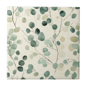 Earthy Green Leaves with Cream Fall Background Ceramic Tile
