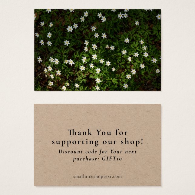 Earthy green shop thank you card with discount (Front & Back)