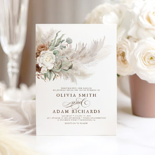 Earthy Greenery Floral Pampas Grass Boho Wedding Invitation