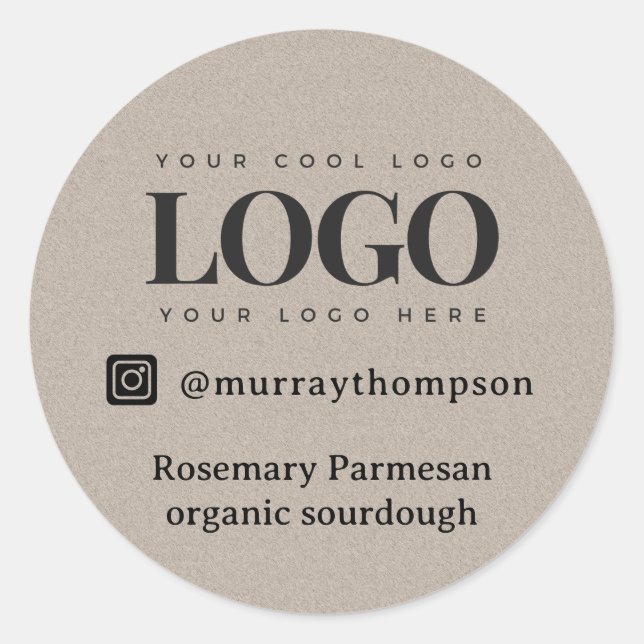 Earthy Grey Kraft Business Rectangle Logo Social Classic Round Sticker (Front)