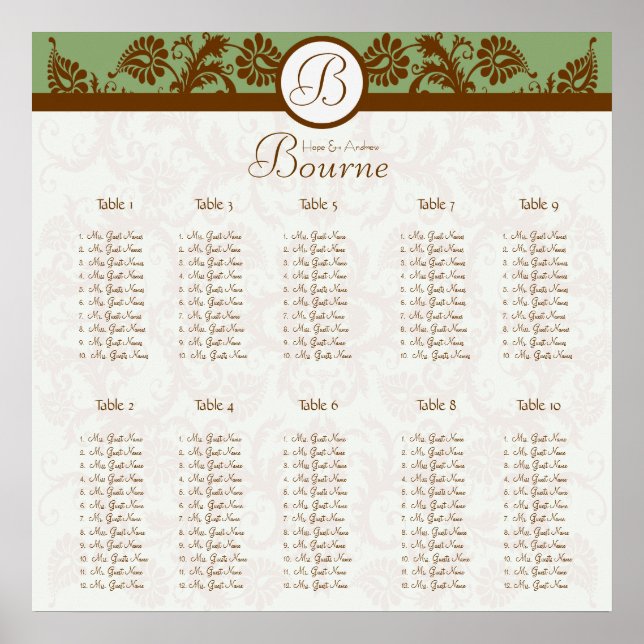 Earthy Hues Victorian Floral Damask Seating Chart (Front)