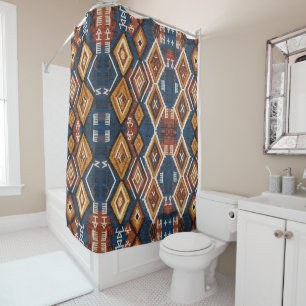 Earthy Indigo Nomad – Artisanal Tribal Patchwork Shower Curtain