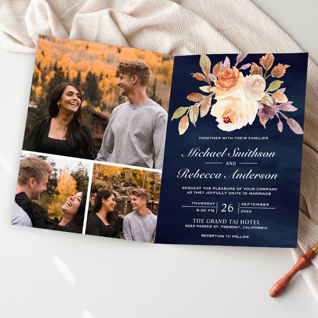 Earthy Ivory Floral QR Code Navy Blue Wedding Invitation (Creator Uploaded)