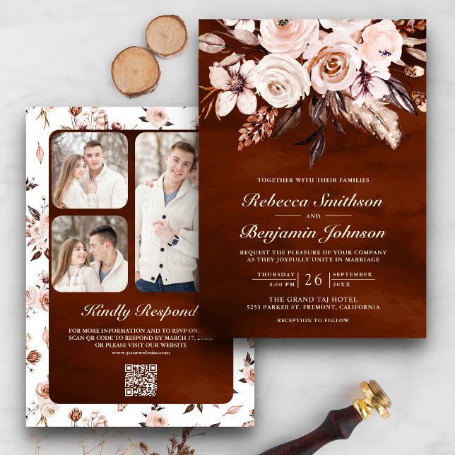 Earthy Ivory Floral QR Code Terracotta Wedding Invitation (Creator Uploaded)