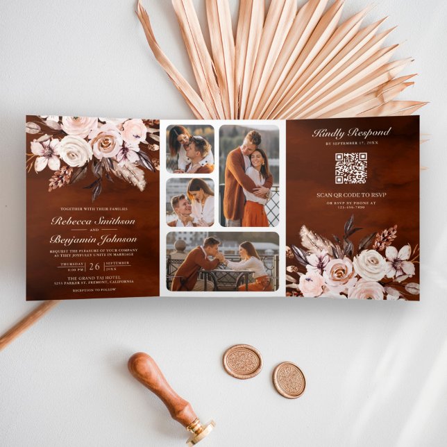 Earthy Ivory Floral QR Code Terracotta Wedding Tri-Fold Invitation (Creator Uploaded)
